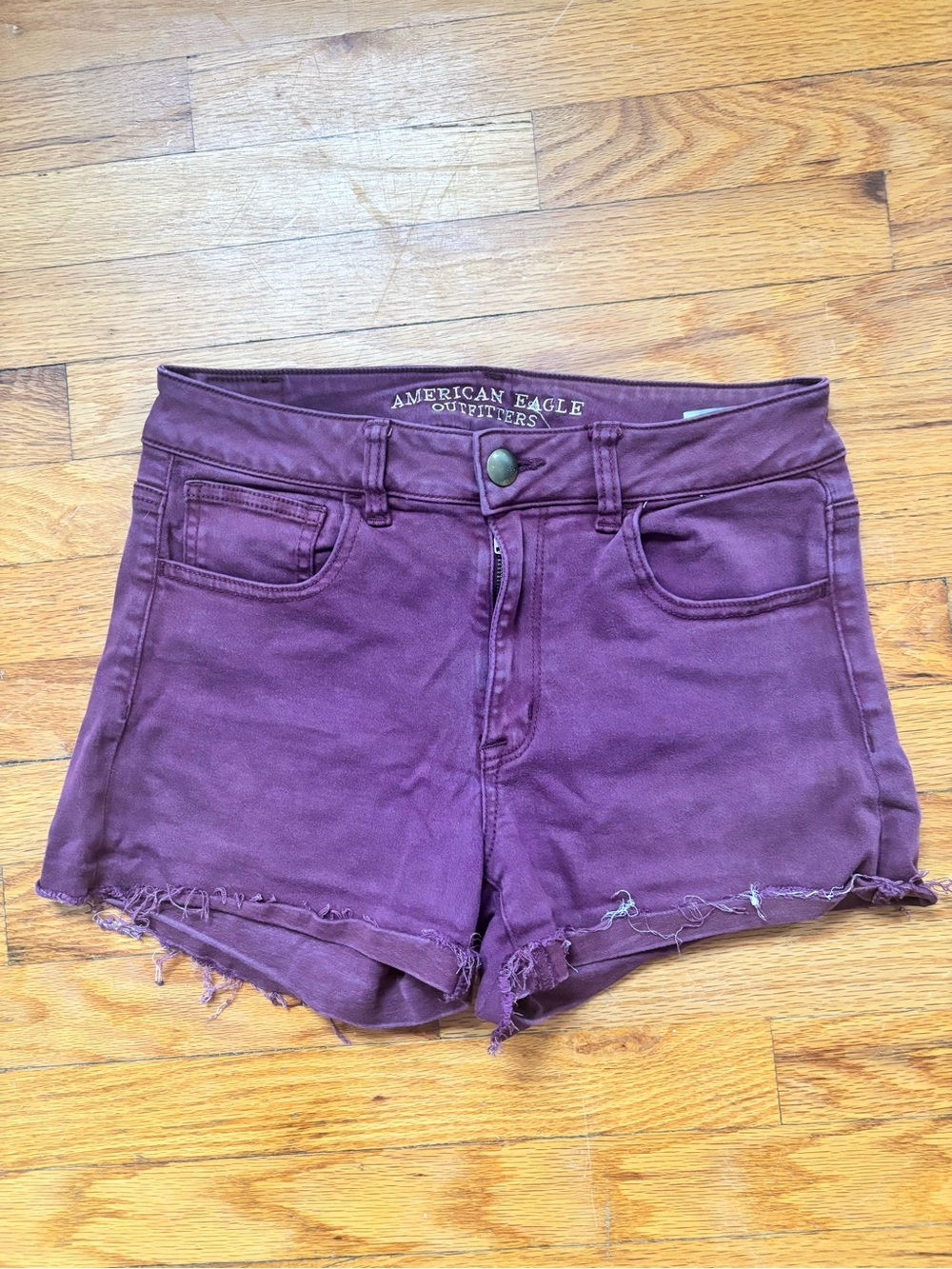 American Eagle Outfitters Maroon Denim High-Rise Frayed Shorts